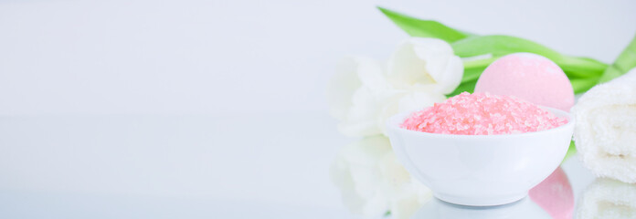 Pink eco spa sea salt. Spa concept and beauty treatments. Copy space. Banner