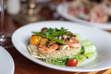 Seafood Crispy Noodles. Asian Crispy Noodles with Prawns, Mussels, Octopus and Fresh Vegetables