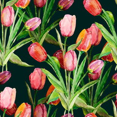 Fototapeta premium Bouquet of tulips. Seamless pattern. Image on a white and colored background.