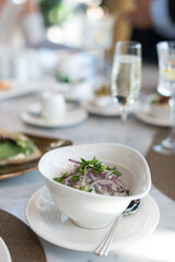 Pickled Forest Mushrooms with Sour Cream and Onion. Russian Traditional Appetizer