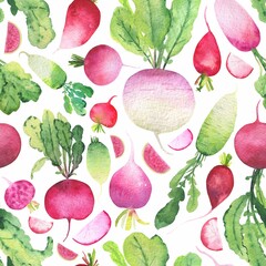 Watercolor seamless pattern with vegetables. Radish and turnip on white background.