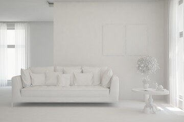 White minimalist living room with sofa. Scandinavian interior design. 3D illustration