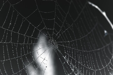 Close up of spider net with water drops. Macro dew drops on spider web. Shiny dew drops on spider...