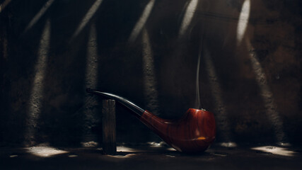 Smoking pipe on steel background with smoke