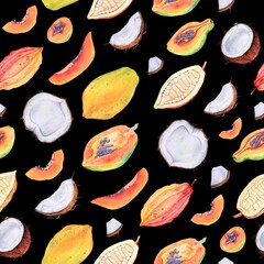 Beautiful tropical fruits watercolor pattern with cocoa, coconut and papaya on black background. Colorfull bright summer seamless background for textile, wallpapers, print and banners.