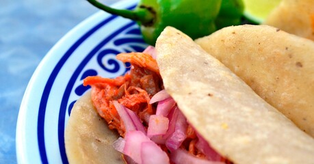 detalle de taco de cochinita pibil, tortilas hechas a mano, tacos mexicanos, tacos, yucatan, comida yucateca, península de yucatan , Merida Yucatan Mexico