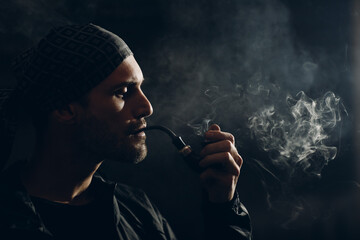 Man smoking a pipe on dark background. Back lit profile portrait