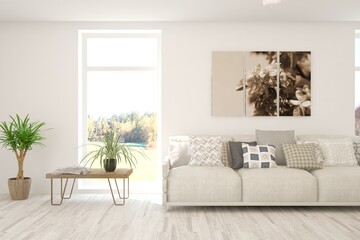 White living room with sofa. Scandinavian interior design. 3D illustration