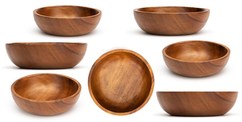 Empty wooden bowls isolated on white background. Set of wood bowls. Collection. - 365047182