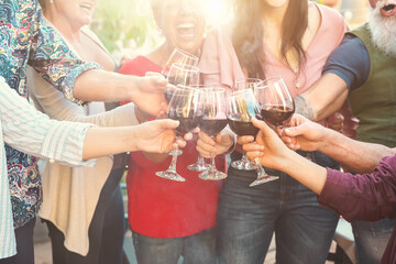 Happy family toasting with red wine glasses at dinner outdoor - People having fun cheering and...