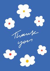 Simple thank you card with flat white flowers. Bold floral card design with handwriting on the blue background