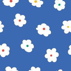 Simple seamless pattern with flat white flowers on the blue background. Bold surface design for fabric, textile, wrapping paper