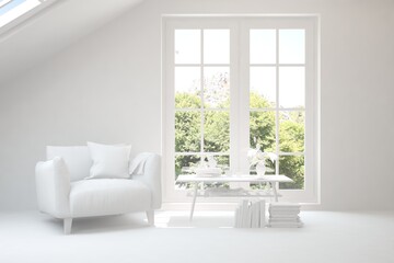 White living room with armchair and green landscape in window. Scandinavian interior design. 3D illustration