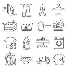 Laundry, dry cleaning thin line icons set isolated on white. Iron, bleach, washing machine pictograms. - obrazy, fototapety, plakaty