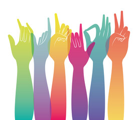 Fototapeta premium znaki z wielobarwnym i wspaniałym projekt ręce ludzi ramię palec osoby dowiedzieć się tematu opieki zdrowotnej komunikacji Ilustracja wektorowa