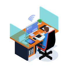 Businessman work in workspace with internet connection. Work from home illustration concept. Vector