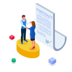 Recruitment agency workers in isometric view. HR workers recruit candidate or hire applicants. Business people sign contractual agreements. Isometric business agreement illustration. - obrazy, fototapety, plakaty