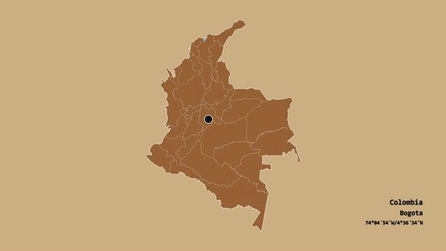 Risaralda, department of Colombia, with its capital, localized, outlined and zoomed with informative overlays on a solid patterned map in the Stereographic projection. Animation 3D