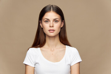 Pretty woman white t-shirt cosmetics smile lifestyle studio luxury 
