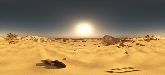 Arabic small town on desert in 360 panorama 3d rendering