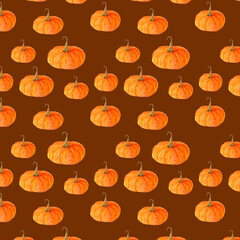 Watercolor pattern orange pumpkins on a brown background seamless