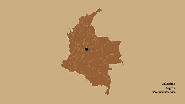 Valle del Cauca, department of Colombia, with its capital, localized, outlined and zoomed with informative overlays on a solid patterned map in the Stereographic projection. Animation 3D