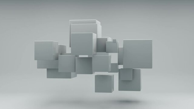 Abstract 3D animation of a white cube that splits into many small cubes in zero gravity. The cubes change size, but then the geometry and shape are restored.