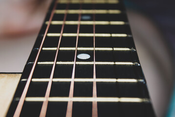 Close-up of a guitar neck with six strings.