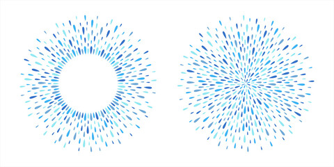 Round frame, circle shape made of tiny sprayed water drops, droplets, raindrops, tears. Blue abstract rainy autumn background. Radial splash, splatter aquatic template for borders, design element.