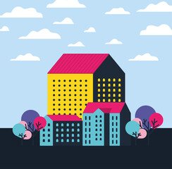 Yellow blue and pink city buildings landscape with clouds and trees design, Abstract geometric architecture and urban theme illustration