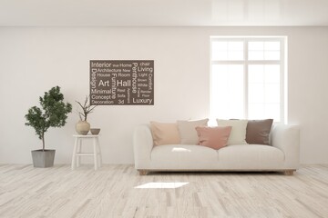 White living room with sofa. Scandinavian interior design. 3D illustration