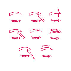 eyebrow contour correction, beauty tutorials doodle icons set, vector color illustration