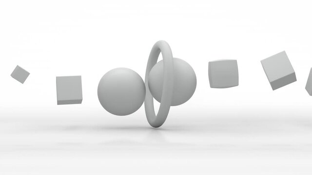3D animation of Belgorod background where white cubes move along the trajectory and turn into balls passing through the ring. Abstract animation.