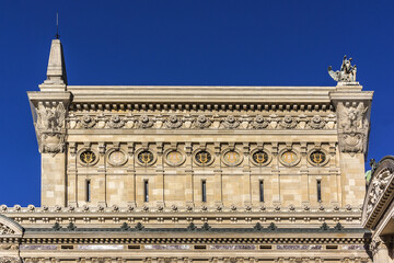 Fototapeta na wymiar Architectural details of Opera National de Paris (Garnier Palace) - famous neo-baroque opera building. Paris, France. 
