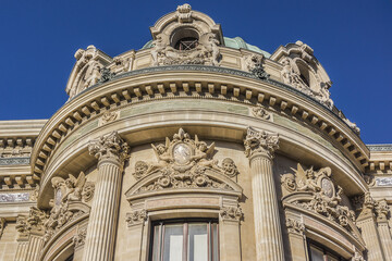 Fototapeta na wymiar Architectural details of Opera National de Paris (Garnier Palace) - famous neo-baroque opera building. Paris, France. 