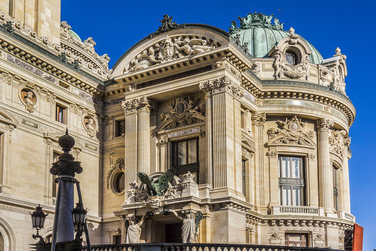 Architectural details of Opera National de Paris (Garnier Palace) - famous neo-baroque opera building. Paris, France. 