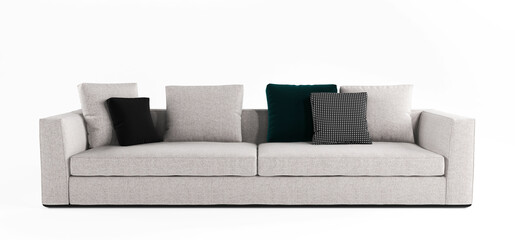 Furniture, interior object, stylish sofa. Modern scandinavian classic gray sofa with pillows on isolated white background. Template for advertising, design. Single sofa on white background