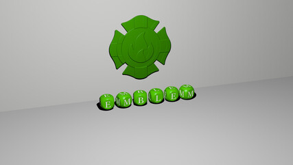 3D graphical image of EMBLEM vertically along with text built by metallic cubic letters from the top perspective, excellent for the concept presentation and slideshows. illustration and design
