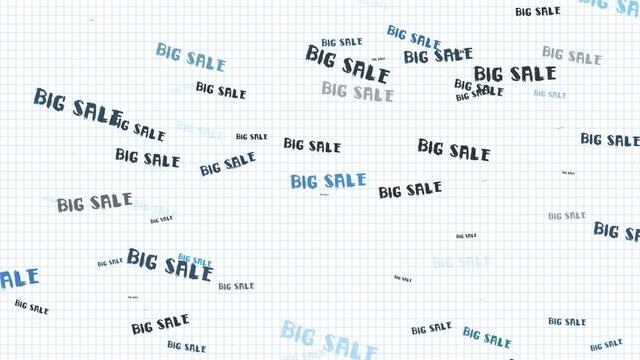 Grunge text, big sale. School notebook. Notepad sheet. Background with sales