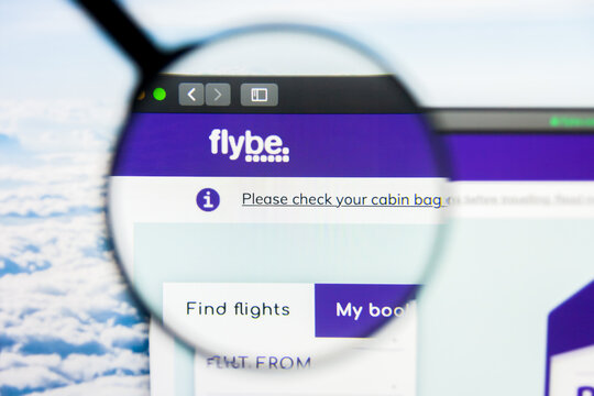 Los Angeles, California, USA - 21 March 2019: Illustrative Editorial of FlyBE website homepage. FlyBE logo visible on display screen.