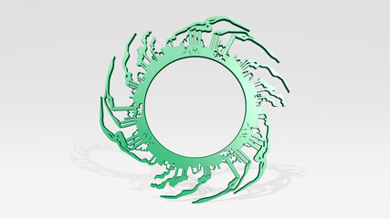 INDUSTRIAL WORLD AROUND EARTH stand with shadow. 3D illustration of metallic sculpture over a white background with mild texture. industry and construction