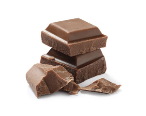 Pieces of delicious milk chocolate isolated on white