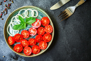 tomato salad snack vegetables Menu  serving size. food background top view copy space organic healthy eating raw