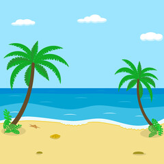 Fototapeta na wymiar Seascape. Seashore, sea, palm trees Vector image flat style