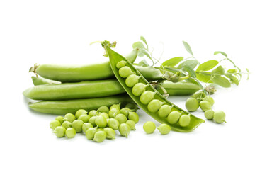 Green pea pods with stem isolated on white background