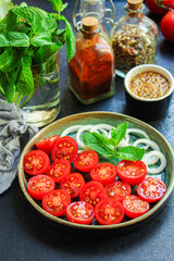 tomato salad snack vegetables Menu  serving size. food background top view copy space organic healthy eating raw