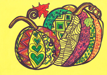 Two patterned pumpkins on a yellow background. Children's drawing