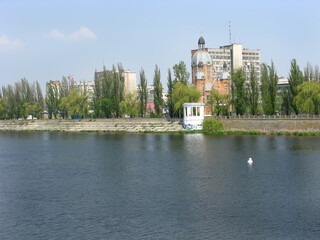 View of the South Bug River and the Greek Catholic Church of the Protection of the Blessed Virgin Mary. Vinnitsa, Ukraine