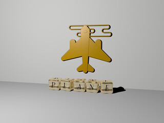 3D illustration of plane graphics and text made by metallic dice letters for the related meanings of the concept and presentations. airplane and aircraft