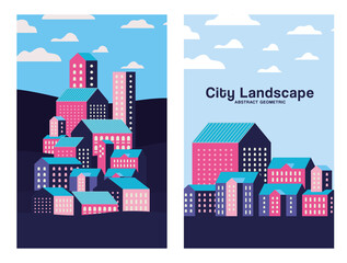Obraz premium Pink purple and blue city buildings landscape with clouds frames design, Abstract geometric architecture and urban theme illustration